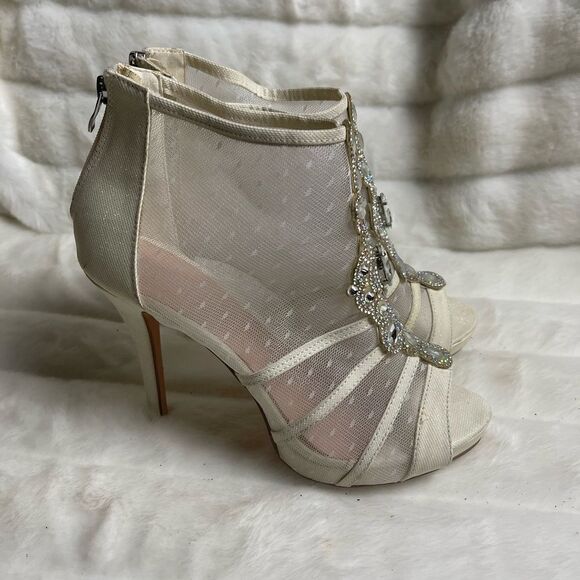 De Blossom collection beige iridescent textile & mesh ankle platform heels SZ10 - Picture 2 of 11